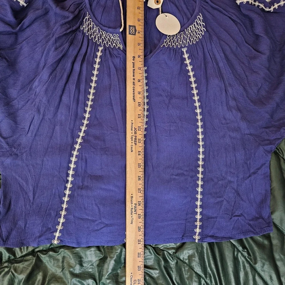 En Creme Women Sz S Blue Peasant Blouse Embroidered Tassel Tie Balloon Sleeve